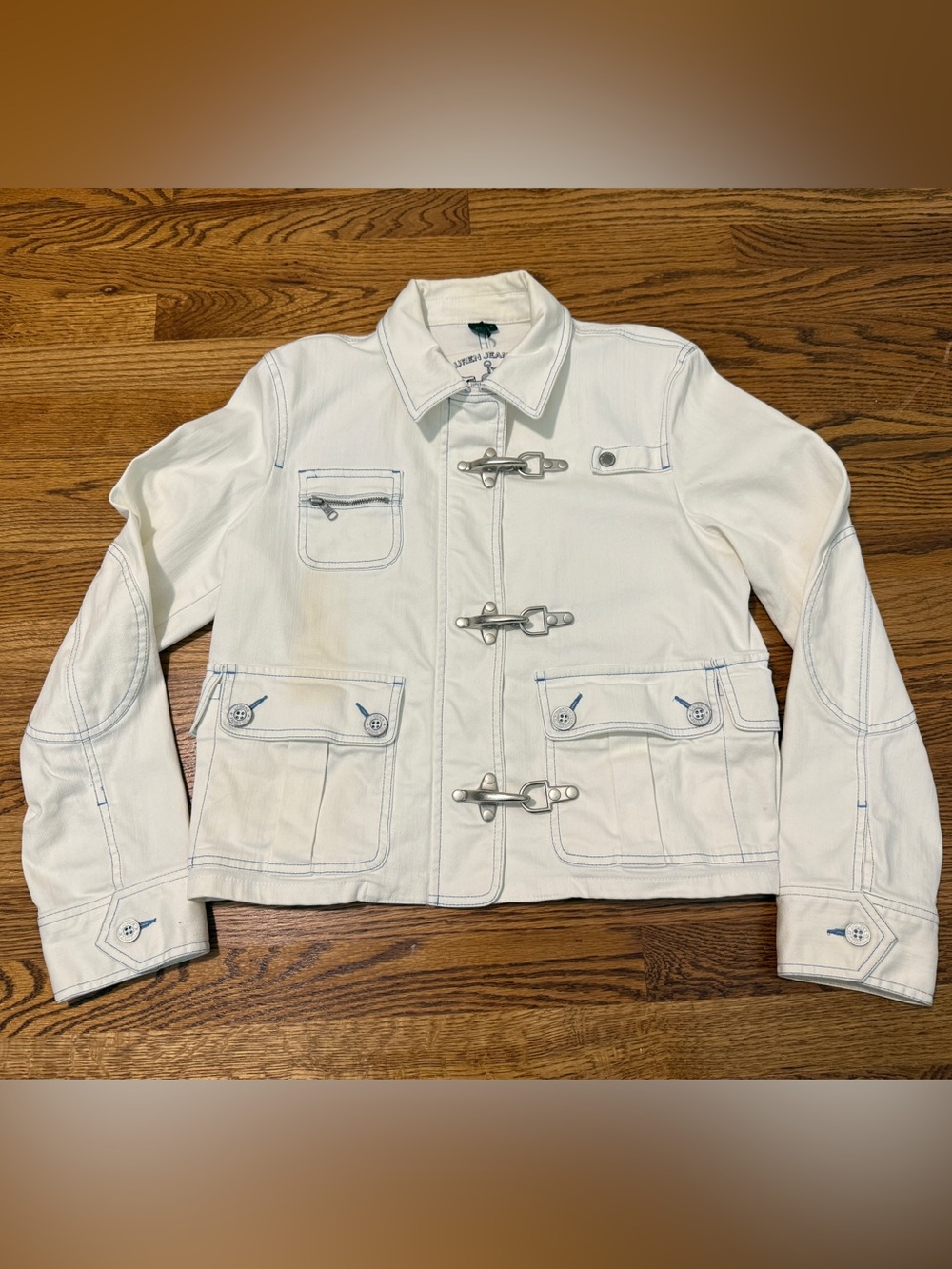 VTG Lauren Jeans Co. Jacket White Denim Firemans Lobster Clasp Zip Women’s Sz L